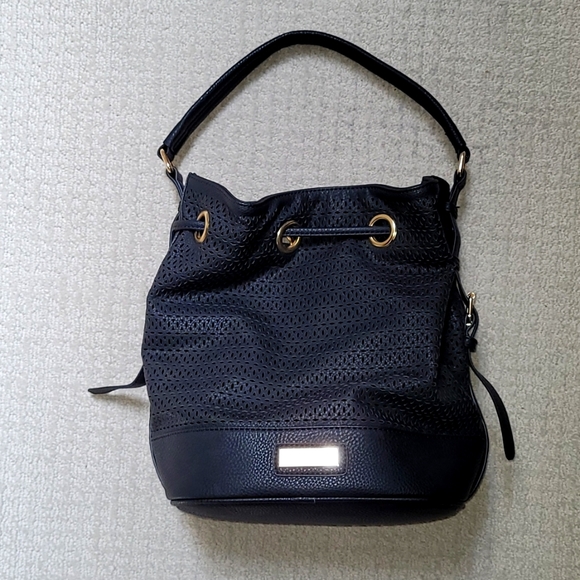 Black Vegan Leather Drawstring Bucket Bag - Picture 1 of 11